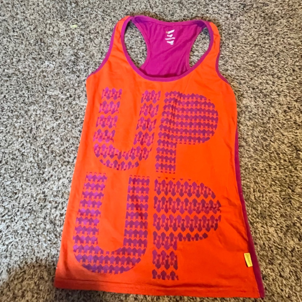 Zumba Wear Womens Large Racerback Tank Top Orange Magenta Graphic Up Down Dance